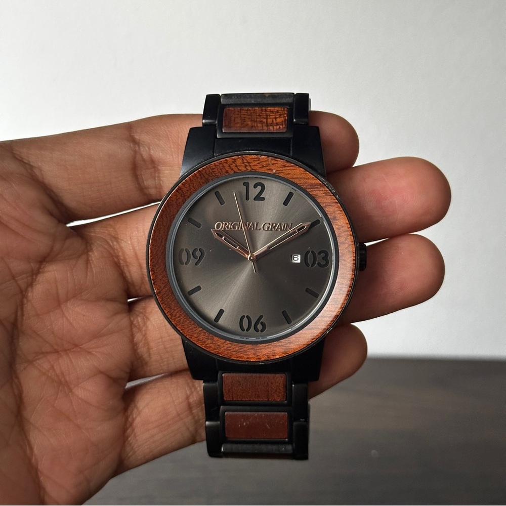 Black and Brown Watch with Wooden Strap and Metal Case